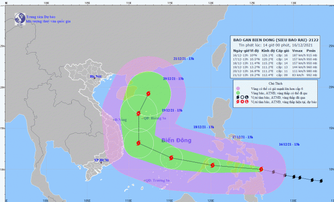Siêu bão Rai mạnh cấp 16, giật trên cấp 17 trên Biển Đông