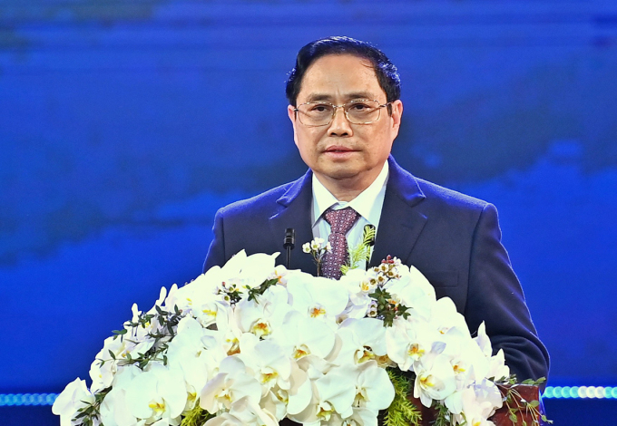 Thủ tướng Phạm Minh Chính phát biểu tại Lễ Trao giải thưởng Khoa học, Công nghệ toàn cầu VinFuture lần thứ nhất. Ảnh: Giang Huy/VnExpress.