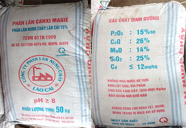 Mặt trước và mặt sau bao sản phẩm 50kg của Công ty Cổ phần Phân lân nung chảy Lào Cai ghi sai cả số hiệu TCVN. Ảnh: Nguyên Huân.