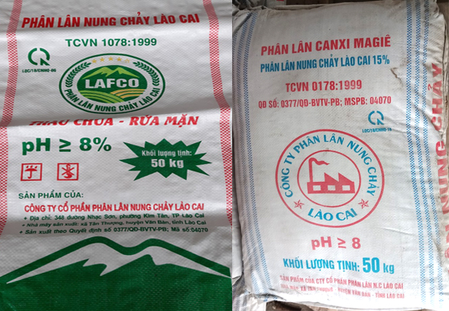 Dù đã có logo, nhãn hiệu, bao bì riêng (bên trái), nhưng Lân nung chảy Lào Cai lại cho ra mắt thêm sản phẩm bao bì giống vỏ bao của Lân nung chảy Văn Điển (bên phải). Ảnh: Nguyên Huân.