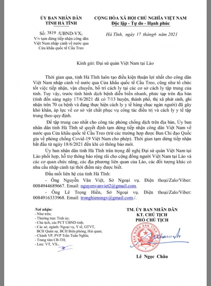 Văn bản của UBND tỉnh Hà Tĩnh gửi Đại sứ quán Lào