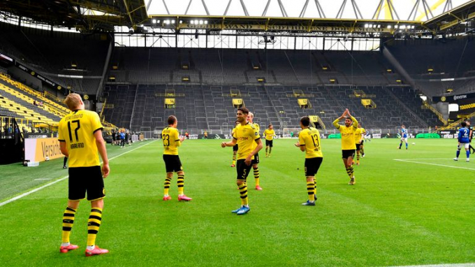Các cầu thủ Dortmund ăn mừng bàn thắng cách nhau 2m. Ảnh: SkySports. 