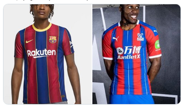 Mẫu áo mới của Barcelona và mẫu áo hiện tại của Crystal Palace. Ảnh: LeakedFootball. 