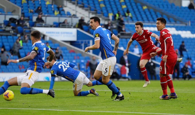 Diogo Jota ghi bàn nhưng Liverpool không thể có được 3 điểm. Ảnh: Dailymail.