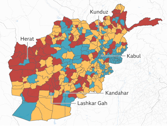 Trên bản đồ, các khu vực màu đỏ đang do Taliban kiểm soát, màu xanh là của chính phủ Afghanistan và màu vàng là vùng đang tranh chấp. Ảnh: BBC.