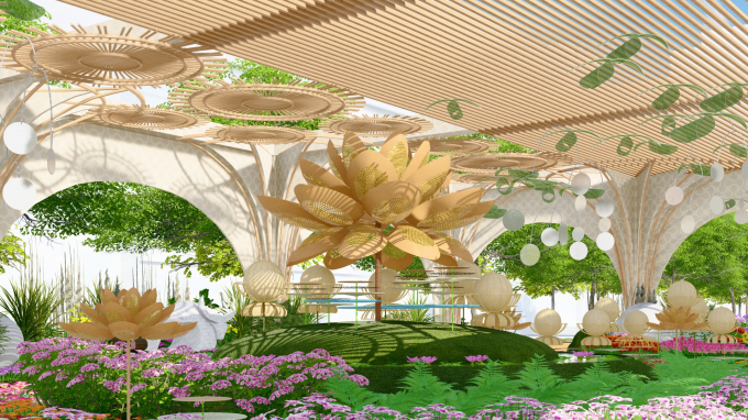 Đường hoa Nguyễn Huệ 2021 chủ yếu sử dụng vật liệu hữu cơ (organic design & architecture), chuyển tải thông điệp xanh, lối sống thân thiện với môi trường.