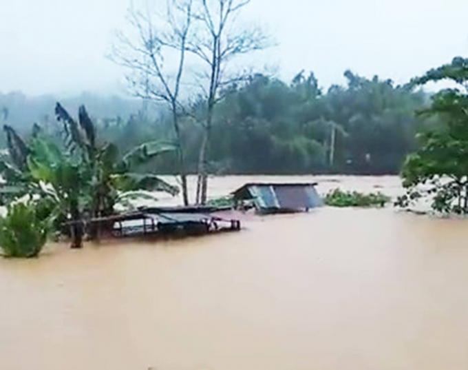 Nhiều nhà dân ở huyện Tây Giang bị ngập trong nước lũ. Ảnh: P.T.