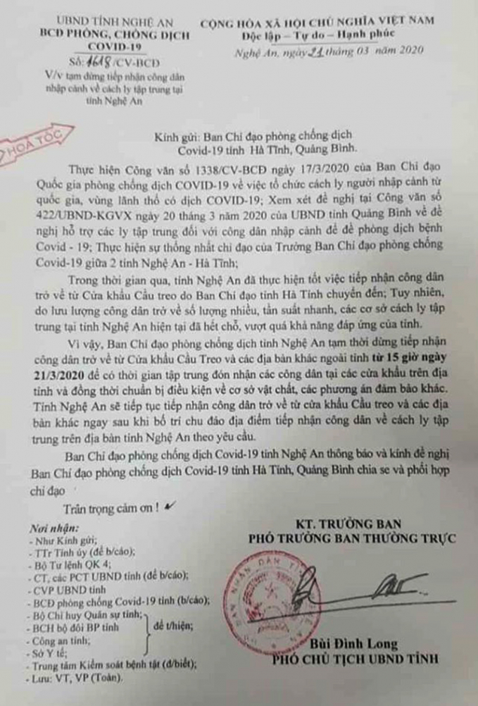 Công văn hỏa tốc của UBND tỉnh Nghệ An về việc tạm dừng tiếp nhận các trường hợp cách ly.