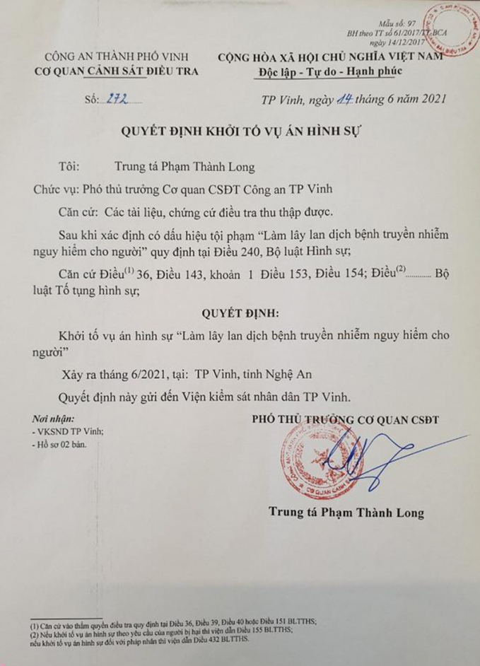 Liên quan đến ca bệnh 'nhiễm Covid-19 đầu tiên tại thành phố Vinh', Cơ quan chức năng đã tiến hành khởi tố vụ án.