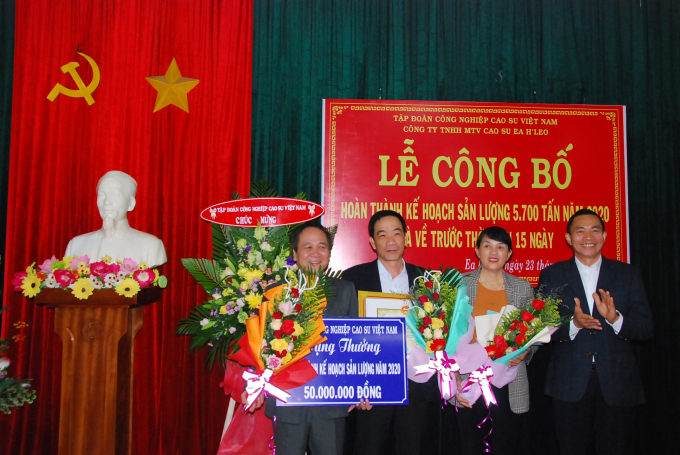 Lãnh đạo Tập đoàn Công nghiệp Cao su Việt Nam trao thưởng cho lãnh đạo Cty Cao su Ea H'leo vì hoàn thành sớm kế hoạch sản lượng.