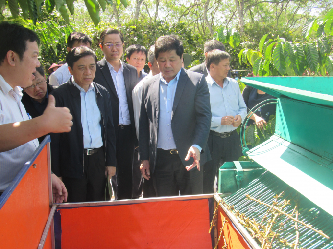 Thứ trưởng Lê Bộ NN-PTNT Lê Quốc Doanh kiểm tra máy tuốt cà phê giúp giảm nhân công thu hoạch.