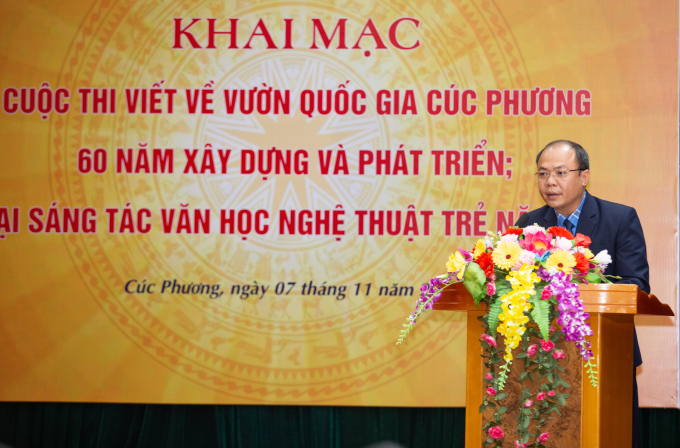 Ông Nguyễn Văn Chính, Giám đốc Vườn Quốc gia Cúc Phương phát biểu phát động Cuộc thi viết 'Cúc Phương - 60 năm xây dựng và phát triển. Ảnh: CP.