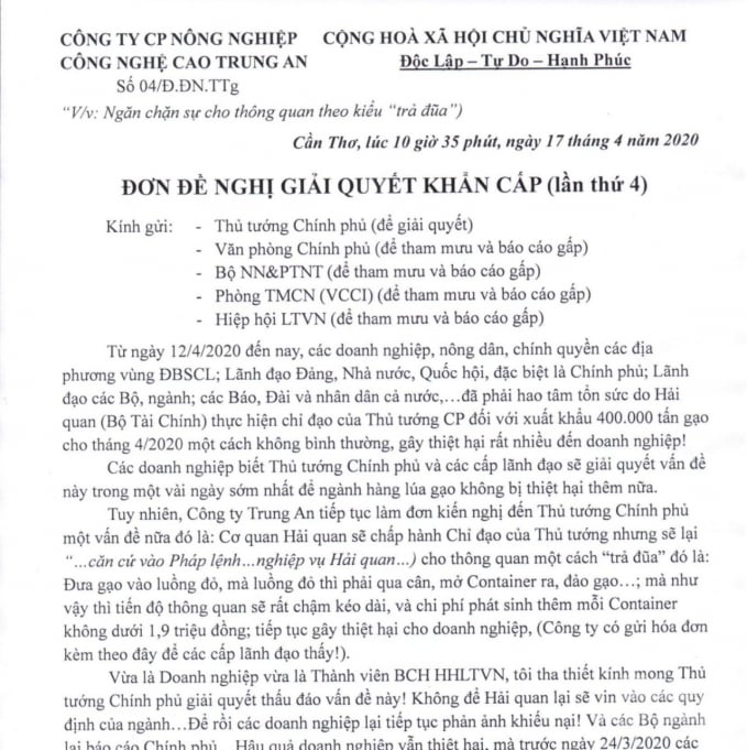 Đơn đề nghị giải quyết khẩn cấp (lần 4) Cty Trung An trình Thủ tướng. Ảnh Trọng Linh.