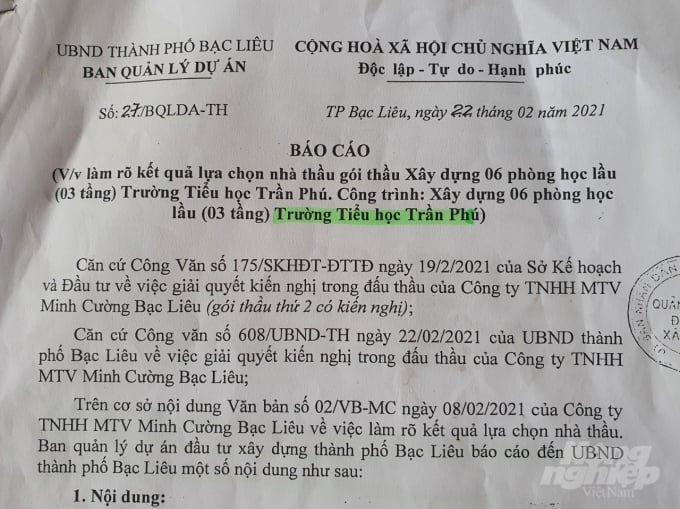 Báo cáo của UBND TP Bạc Liêu về gói thầu xây dựng 06. Ảnh: Trọng Linh.