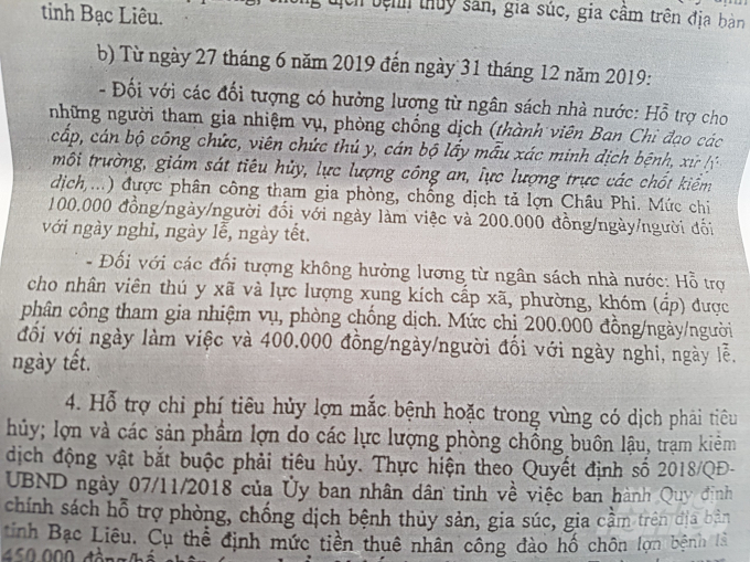 Quyết định số 1965 của Chủ tịch UBND tỉnh Bạc Liêu về mức hỗ trợ, đối tượng hỗ trợ kinh phí trong phòng, chống dịch tả lợn trên địa bàn. Ảnh: Trọng Linh.