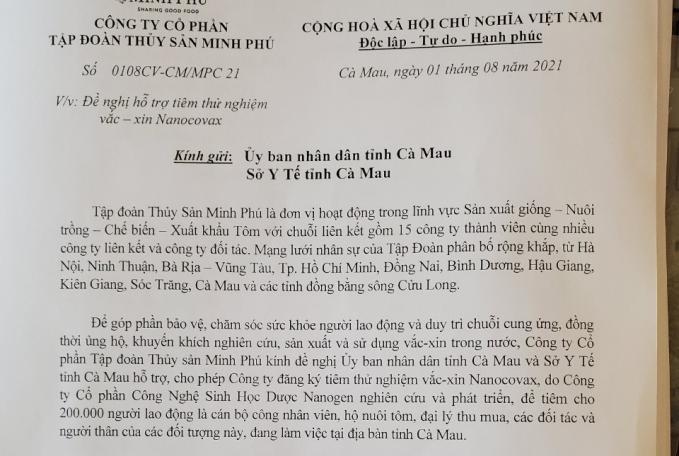 Công văn của Tập đoàn Thủy sản Minh Phú gửi UBND và Sở Y tế tỉnh Cà Mau ngày 1/8. Ảnh: Trọng Linh.