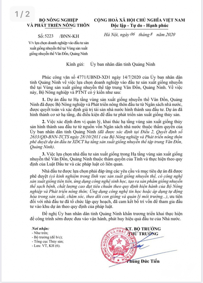 Văn bản của Bộ NN-PTNT nêu rõ trung tâm giống nhuyễn thể Vân Đồn là tài sản nhà nước. Ảnh: Văn Nguyễn.