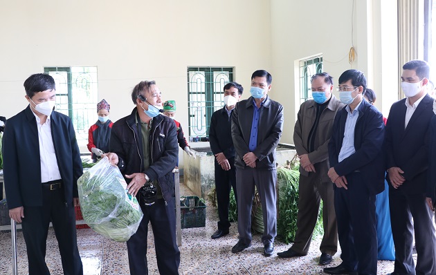Đoàn thẩm định NTM của tỉnh Bắc Giang kiểm tra khu sản xuất, sơ chế rau cần tại thôn Thanh Lâm, xã Hoàng Lương. Ảnh: Phương Nhung.