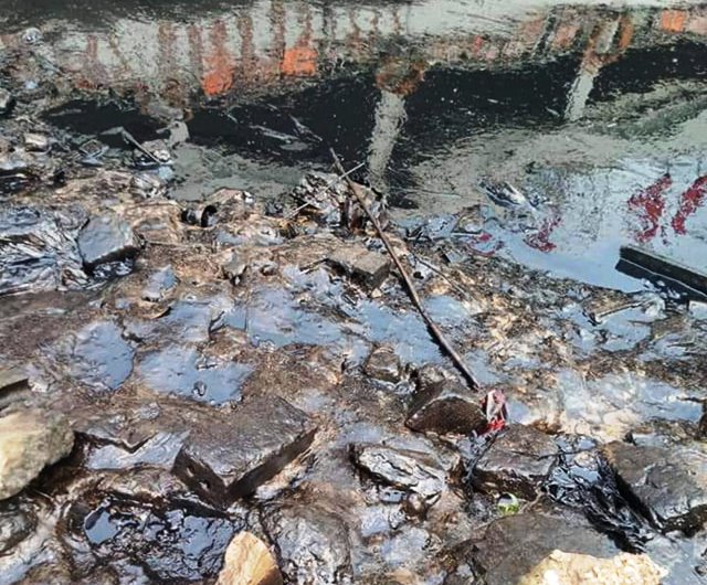 Lực lượng chức năng huyện Nghi Xuân đã vớt được 25 lít dầu thải. Ảnh: Nguyễn Công.