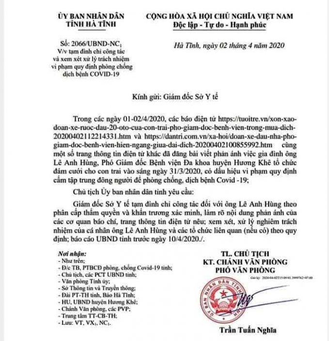 UBND tỉnh Hà Tĩnh chỉ đạo Sở Y tế tạm đình chỉ công tác đối với ông Lê Anh Hùng. Ảnh: Thanh Nga.