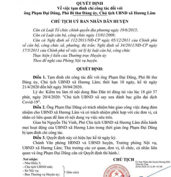 Chủ tịch UBND huyện Hương Khê cũng đã ký quyết định tạm đình chỉ công tác đối với ông Phạm Đại Dũng. Ảnh: Thanh Nga.