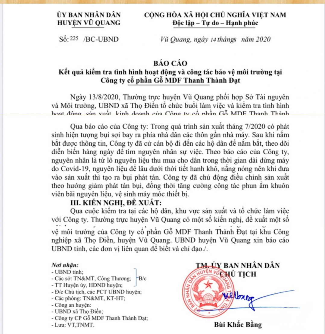 Báo cáo của UBND huyện Vũ Quang nêu rõ những tồn tại của nhà máy Thanh Thành Đạt, yêu cầu doanh nghiệp này phải khắc phục. Ảnh: Thanh Nga.