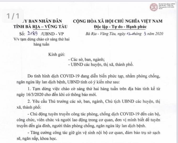 Văn bản tạm dừng chào chờ sáng thứ 2 của UBND tỉnh Bà Rịa - Vũng Tàu.