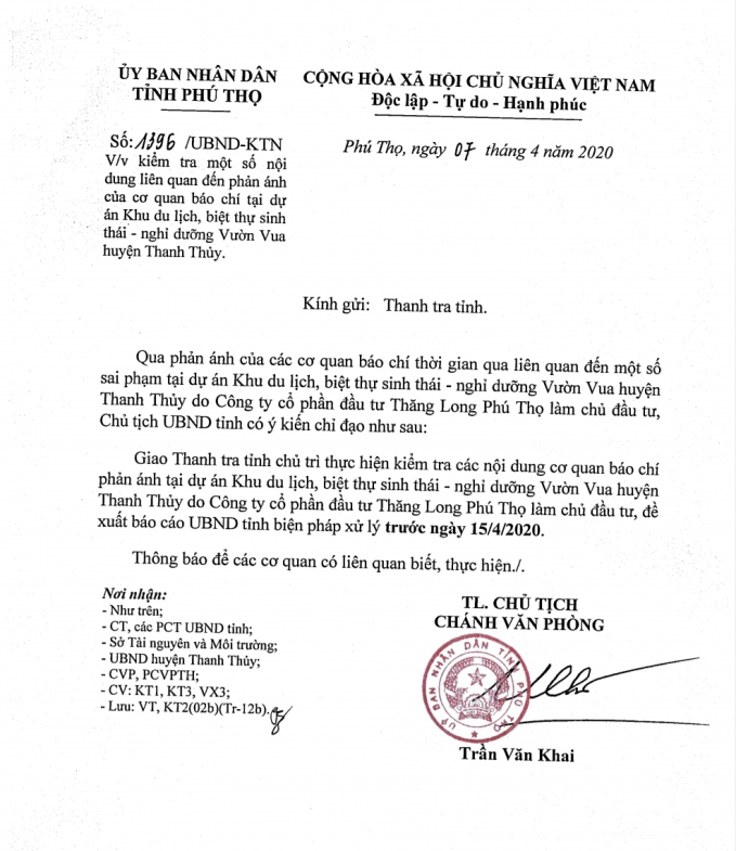 Chủ tịch UBND tỉnh Phú Thọ chỉ đạo làm rõ thông tin tại dự án Vườn Vua. Ảnh: LAT.