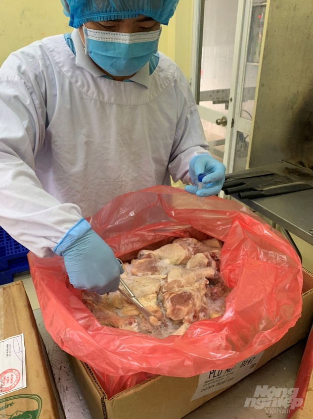 Cục Thú y lấy mẫu và xét nghiệm virus SARS-CoV-2 trên thực phẩm đông lạnh nhập khẩu vào Việt Nam. Ảnh: Lăng Trần.
