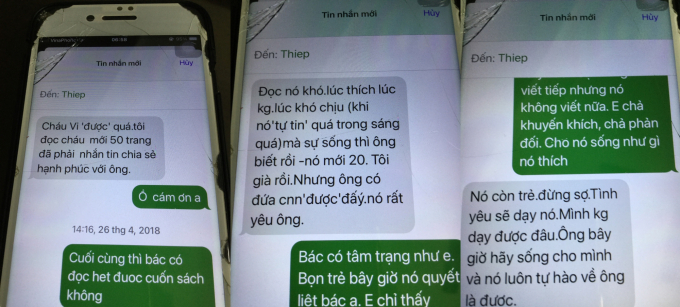 Tin nhắn nhận xét của Nguyễn Huy Thiệp gửi Trịnh Bá Ninh.