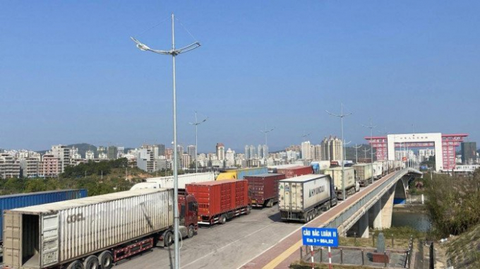 Xe container xếp hàng dài chờ thông quan sang Trung Quốc. Ảnh: Nguyễn Thành