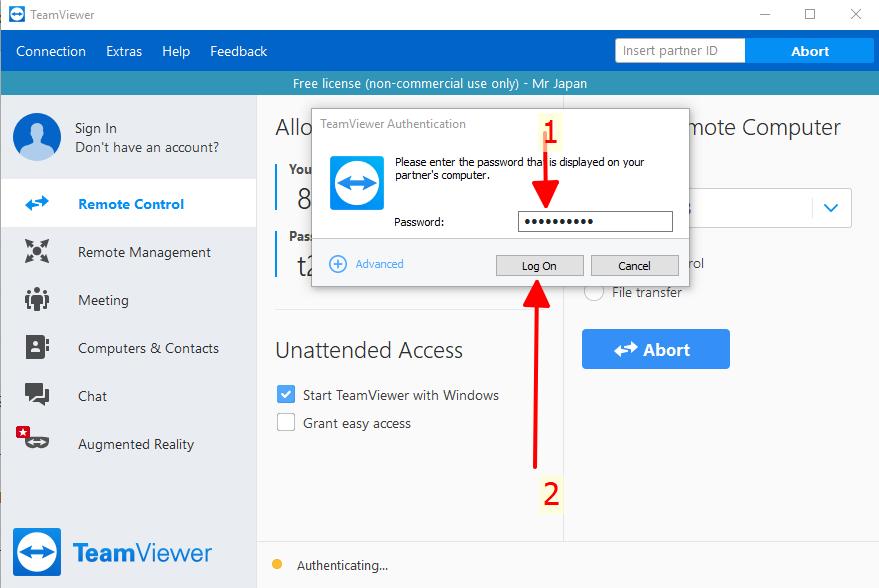 Kết nối thành công, phần mềm TeamViewer sẽ yêu cầu nhập password (nhập pass đã được tạo ở B5) rồi bấm Log On để truy cập vào máy tính ở nhà. 