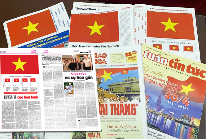 Một loạt tờ báo in tại Việt Nam cùng tham gia chương trình kỷ niệm 45 năm giải phóng Miền Nam - thống nhất đất nước bằng cách tạo lá cờ Tổ quốc bằng trang báo in. 