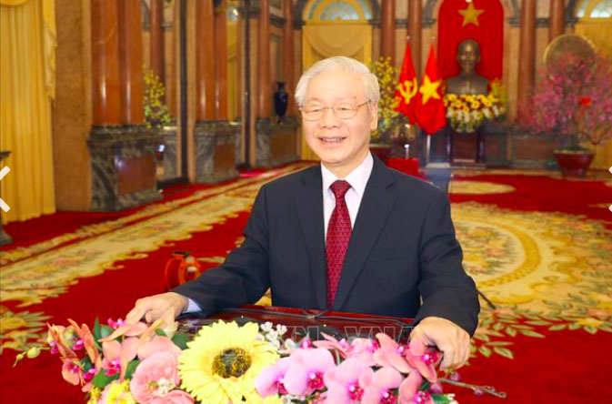 Tổng Bí thư, Chủ tịch nước Nguyễn Phú Trọng gửi lời chúc Tết tới toàn thể đồng bào, đồng chí và chiến sĩ cả nước, cộng đồng người Việt Nam ở nước ngoài - Ảnh: TTXVN.