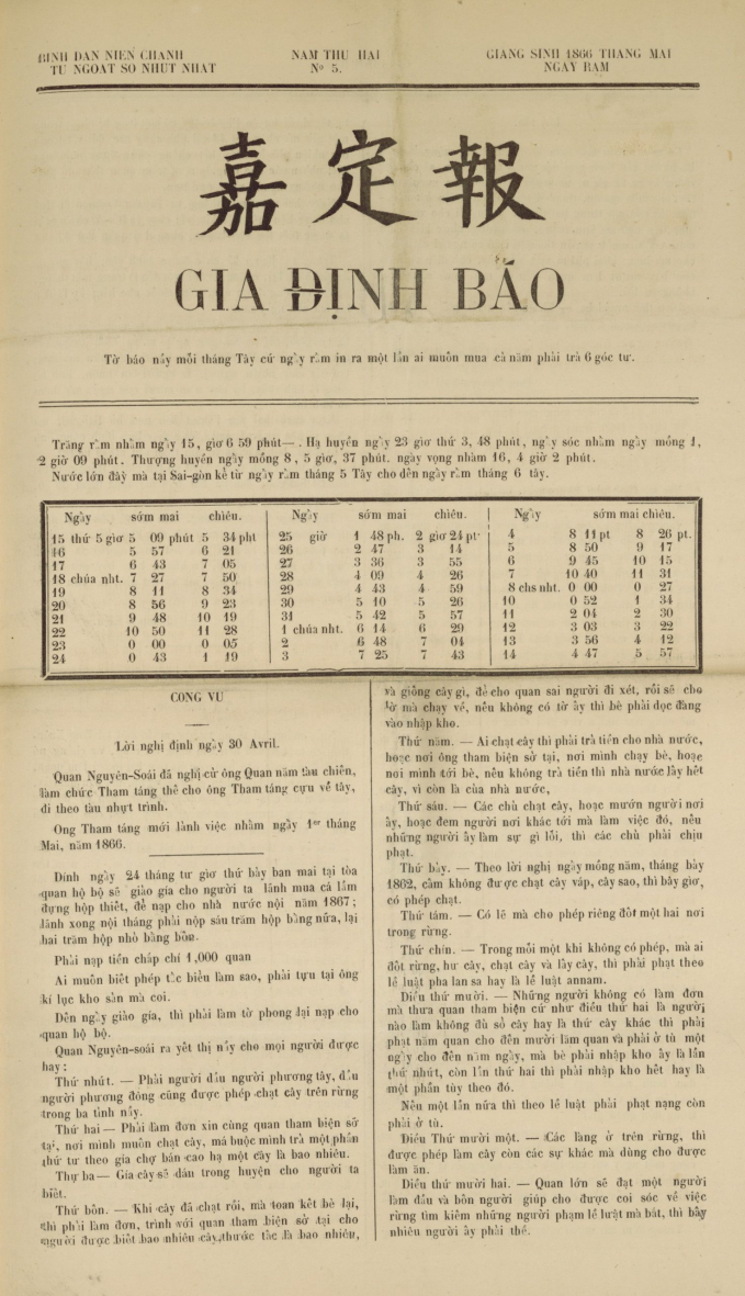 Tờ Gia Định Báo do Trương Vĩnh Ký sáng lập.