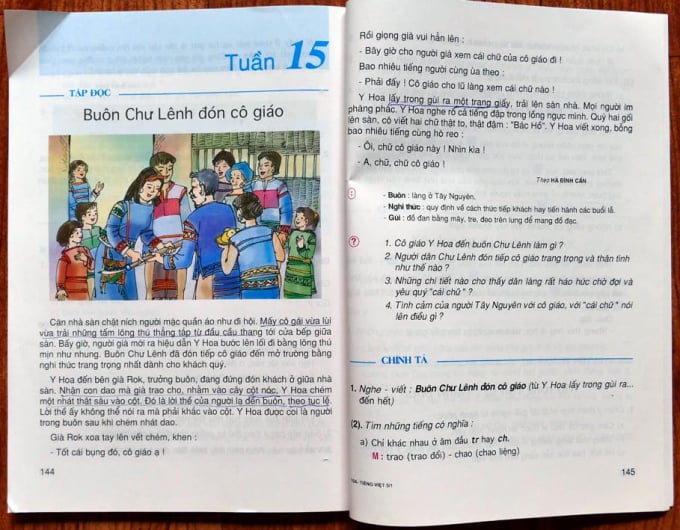 Tác phẩm 'Buôn Chư Lênh đón cô giáo' trong sách Tiếng Việt lớp 5.