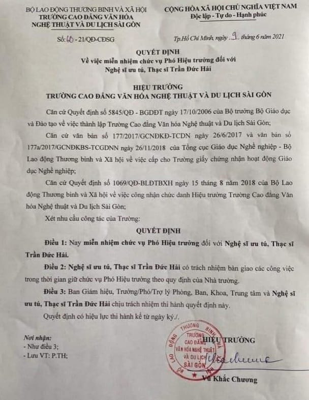 Quyết định miễn nhiệm của Trường Cao đẳng Văn hóa, Nghệ thuật và Du lịch Sài Gòn.