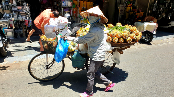 Chị Nguyễn Thị Hạnh, quê ở huyện Khoái Châu, tỉnh Hưng Yên, cho biết sáng sớm ra chợ hoa quả Long Biên, nhập hàng rồi rong ruổi bán khắp các ngõ phố của Hà Nội. Thường là chị đi bộ, để khách dễ nhìn thấy và gọi mua. Trưa nghỉ tạm chỗ nào có bóng cây, ăn tạm gói cơm nắm ở nhà mang đi, rồi lại tiếp tục đội nắng đi qua các phố, mong có khách gọi mua hàng.