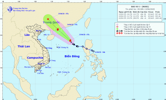 Dự báo hướng di chuyển của bão số 1. Ảnh: Trung tâm Dự báo Khí tượng Thủy văn Quốc gia.
