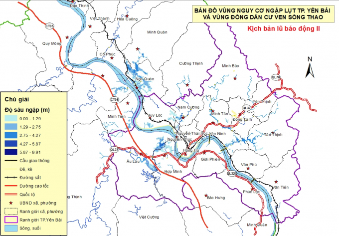 Bản đồ diện tích ngập kịch bản mô phỏng lũ Báo động II. Ảnh: Viện Quy hoạch Thủy lợi.