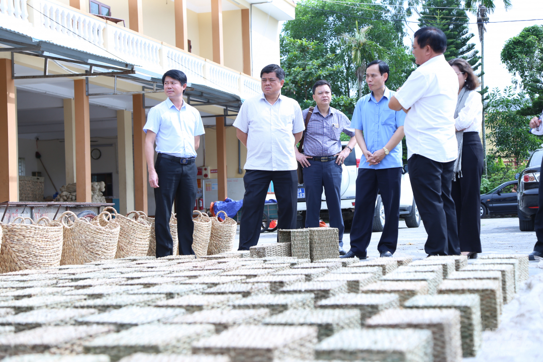 Thứ trưởng Bộ NN-PTNT Trần Thanh Nam (thứ hai từ trái sang) thăm khu sản xuất sản phẩm của Công ty TNHH Đổi Mới tại huyện Kim Sơn. Ảnh: Minh Phúc.