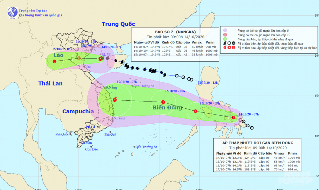 Đường đi của bão số 7 (Nangka) vào hồi 8h ngày 14/10. Ảnh: Trung tâm Dự báo Khí tượng Thủy văn Quốc gia.