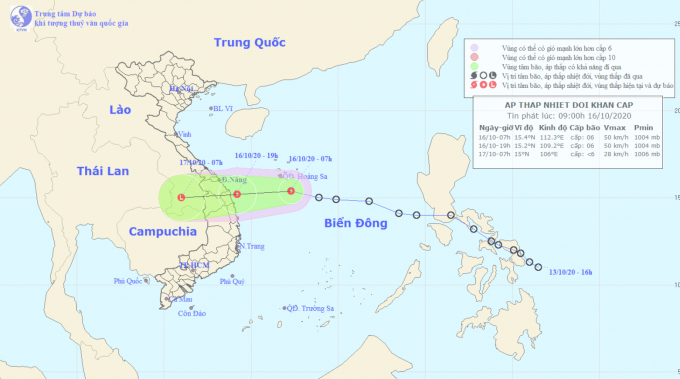 Hướng di chuyển của áp thấp nhiệt đới trên Biển Đông. Ảnh: Trung tâm Dự báo Khí tượng Thủy văn Quốc gia.