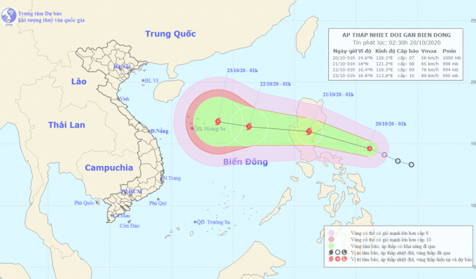 Hướng đi của áp thấp nhiệt đới có khả năng mạnh lên thành bão đang hướng vào Biển Đông. Ảnh: Trung tâm khí tượng Thủy văn Quốc gia.