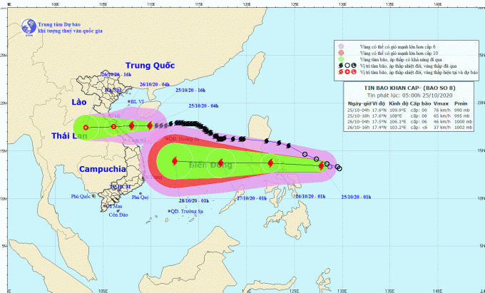 Hướng di chuyển của bão số 8 và dự báo đường đi của áp thấp nhiệt đới có thể mạnh lên thành bão số 9. Ảnh: TTDBKTTVQG.