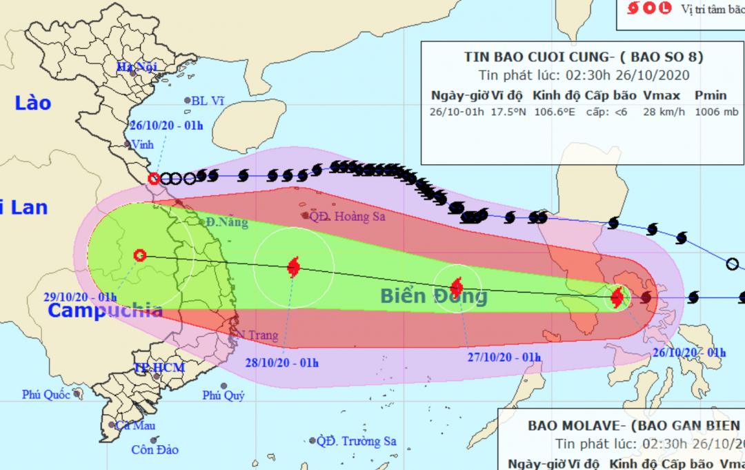 Bão Molave đang tiến vào Biển Đông với sức gió giật cấp 14. Ảnh: Trung tâm DBKTTVQG.