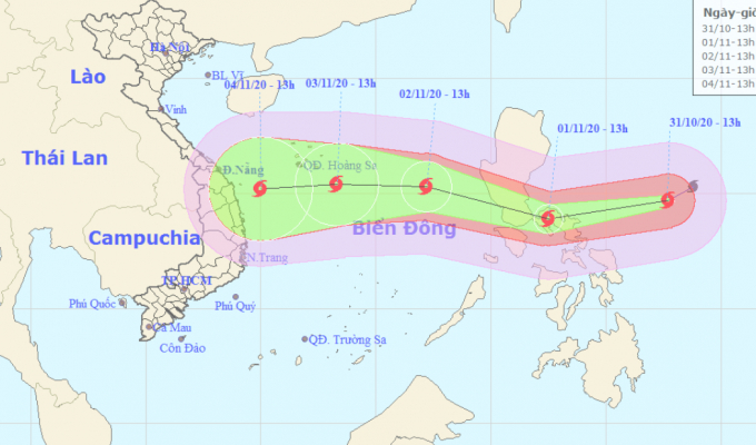 Dự báo hướng di chuyển của siêu bão Goni. Ảnh: Trung tâm Dự báo KTTVQG.