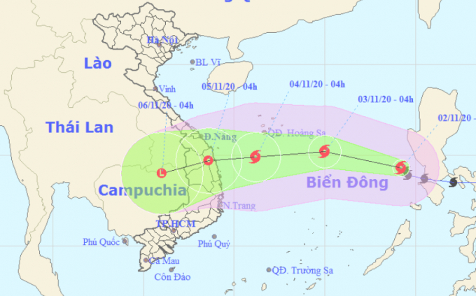 Dự báo hướng di chuyển của bão Goni. Ảnh: Trung tâm Dự báo Khí tượng thủy văn Quốc gia. 