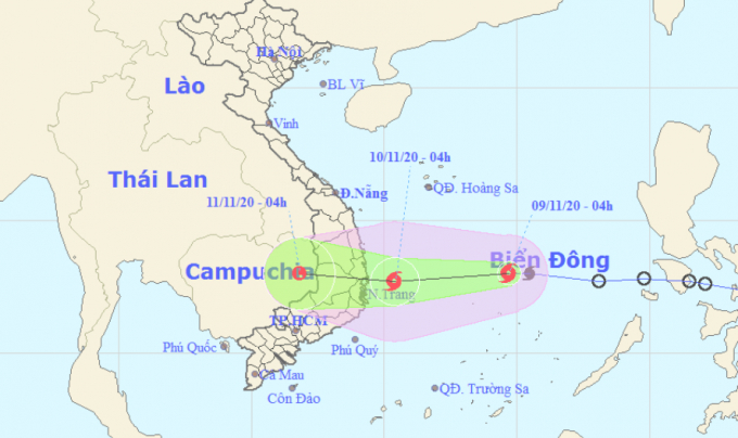 Dự báo hướng đi của bão số 11 khi vào Biển Đông. Ảnh: Trung tâm Dự báo Khí tượng Thuỷ văn quốc gia. 