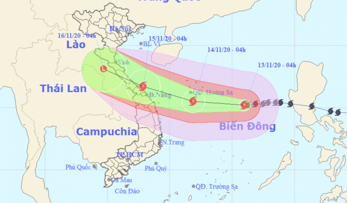 Dự báo hướng di chuyển của bão số 13. Ảnh: Trung tâm Dự báo Khí tượng Thủy văn Quốc gia.
